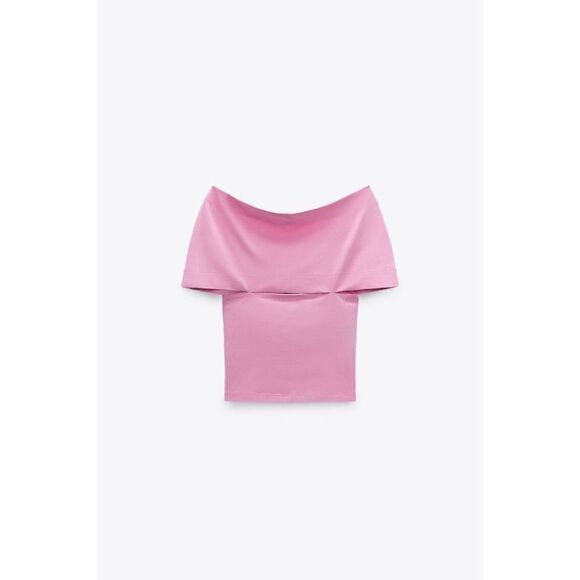 NWT Zara Pink Wrap Front V-Neck Open Exposed Shoulders Side Pleats Surplice Top - Picture 8 of 13